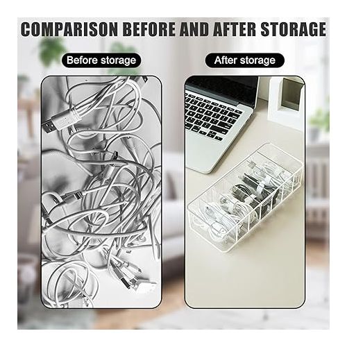  Pack of 2 Cable Storage Box, Cable Organiser Box with Lid, 8 Compartments, Transparent Charging Cable Organiser with 2 Cable Ties, Cable Management Box, Plastic Storage Box for Worktop Organiser