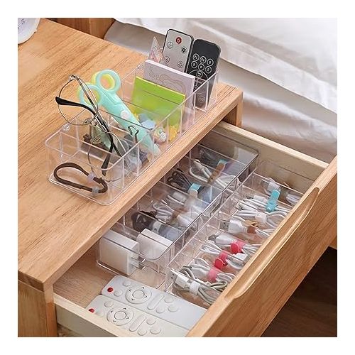  Pack of 2 Cable Storage Box, Cable Organiser Box with Lid, 8 Compartments, Transparent Charging Cable Organiser with 2 Cable Ties, Cable Management Box, Plastic Storage Box for Worktop Organiser