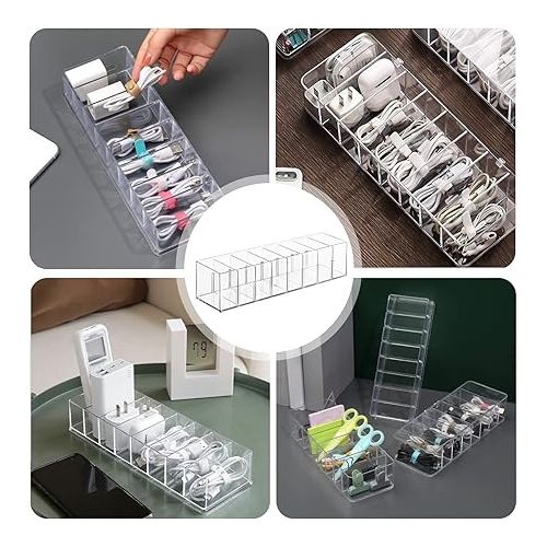  Pack of 2 Cable Storage Box, Cable Organiser Box with Lid, 8 Compartments, Transparent Charging Cable Organiser with 2 Cable Ties, Cable Management Box, Plastic Storage Box for Worktop Organiser