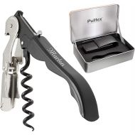 Pulltex Sommelier Set 2-Piece Waiter's Knife Pulltaps Slider Black with Laser Engraving and Black Faux Leather Case in Elegant Gift Box