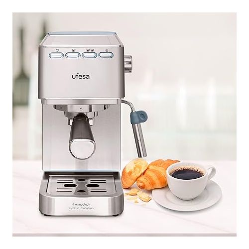  Ufesa CE8020 Capri Expresso and Cappuccino Coffee Machine, 20 Bars, 1350 W, Thermoblock System, Adjustable Steamer, 2 Modes: Ground Coffee or Pad, 1.4 L Tank, 1 or 2 Coffee