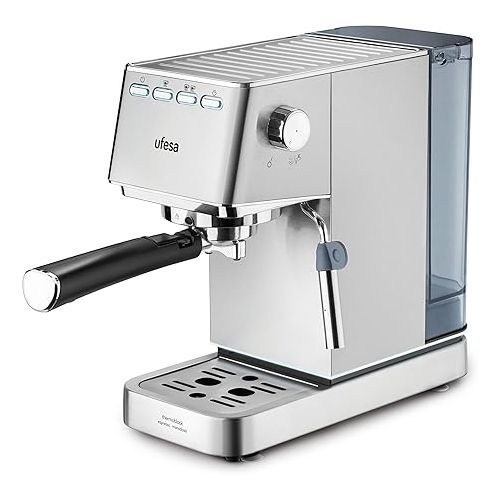 Ufesa CE8020 Capri Expresso and Cappuccino Coffee Machine, 20 Bars, 1350 W, Thermoblock System, Adjustable Steamer, 2 Modes: Ground Coffee or Pad, 1.4 L Tank, 1 or 2 Coffee