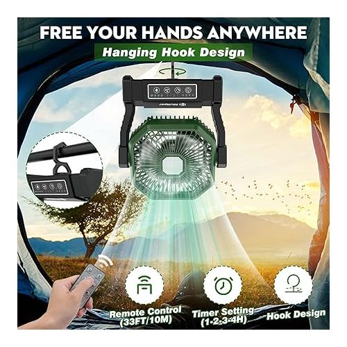  Multper Camping Fan with LED Light, 10000 mAh Rechargeable Outdoor Tent Fan with Hook & Remote Control, 4 Levels Powerful USB Table Fan for Fishing, Picnic, Bedroom