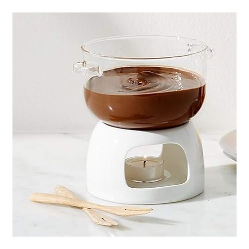  TAMUME 700 ml Glass Chocolate Fondue Set, Meat Fondues Pack Glass Fondue Pot and Porcelain Warmer with 4 Fondue Forks