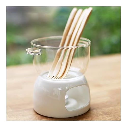  TAMUME 700 ml Glass Chocolate Fondue Set, Meat Fondues Pack Glass Fondue Pot and Porcelain Warmer with 4 Fondue Forks