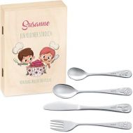 Murrano Children's Cutlery Set with Engraving and Wooden Box with Print Animals Motifs Made of Stainless Steel Gift for Girls for Birthdays Christenings Births Brown