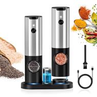 Coovee Electric Salt and Pepper Mill with Base, Rechargeable USB Automatic Operation Salt Mill with LED Light, Adjustable Coarseness (2 Pieces Electric Spice Mill)