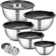 Cinnani Stainless Steel Mixing Bowl, Set of 5, Salad Bowl, Kitchen Bowl with Lids, Multifunctional Bowls with 3 Grater Attachments, Stackable