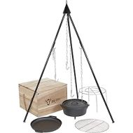 BBQ-Toro Cast Iron Dutch Oven Kit in Wooden Box, Fired, Saucepan, Frying Pan, Grill Rack, Tripod and More, 6 Piece Set