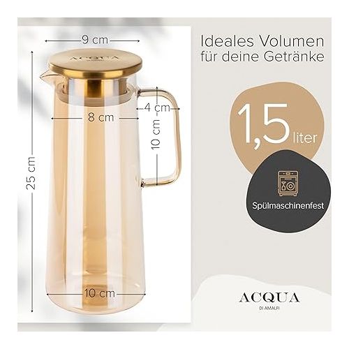  ACQUA DI AMALFI® Glass Carafe with Lid, Water Carafe 1.5 Litres, Glass Jug with Lid, Leak-Proof and High Quality, Ideal for Lemonade, Water & Tea (GOLD/GOLD)