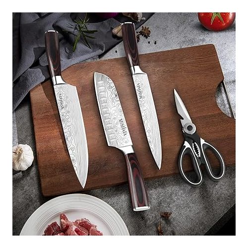  MOSFiATA Knife Block Set, 20 Pieces Kitchen Knife Set, Sharp and Scissors, Professional Chef's Knife Set, with Finger Protection, Knife Sharpener and Gift Boxes