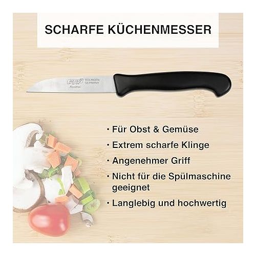  HEISO Paring Knives Set of 4 - Sharp Kitchen Knives Made of Stainless Steel with Black Plastic Handle - Vegetable Knife Made in Solingen - with Free Regrinding Service