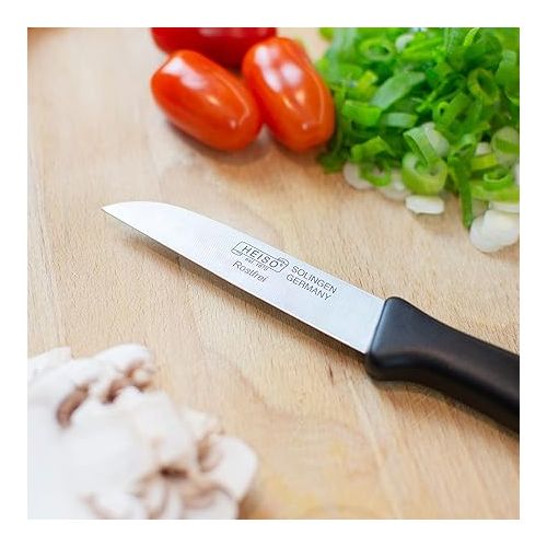  HEISO Paring Knives Set of 4 - Sharp Kitchen Knives Made of Stainless Steel with Black Plastic Handle - Vegetable Knife Made in Solingen - with Free Regrinding Service