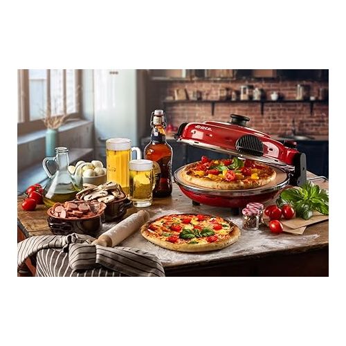  Ariete Pizza Oven 919, 4 Minute Pizza, Pizza Oven with 5 Cooking Levels, Fireproof Plate for Reheating, Wooden Board Included, Max. Temperature 400°C, 1200W, Red