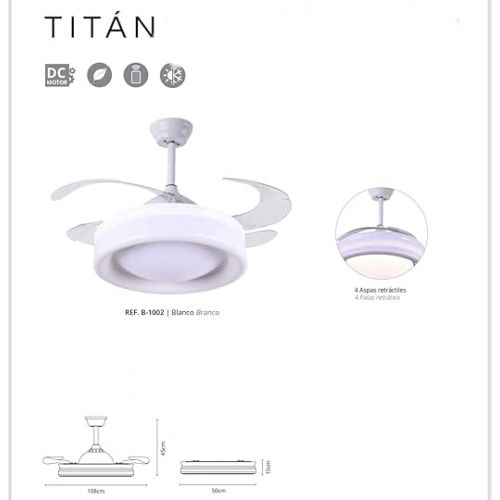  BEL AIR HOME - Ceiling Fan Titanium Series DC Motor with Extendable Blades & 36 W LED Light (3000 K, 4000 K, 6500 K) & Remote Control (White)