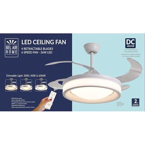  BEL AIR HOME - Ceiling Fan Titanium Series DC Motor with Extendable Blades & 36 W LED Light (3000 K, 4000 K, 6500 K) & Remote Control (White)