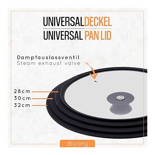  DIVORY Universal Lid Diameter 28, 30 and 32 cm Glass Lid with Graduated Silicone Rim, Lid for Pans and Pots, Pot Lid Heat Resistant, Silicone, Universal Lid