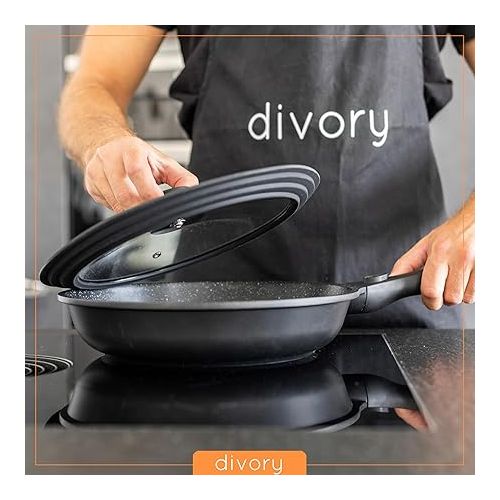  DIVORY Universal Lid Diameter 28, 30 and 32 cm Glass Lid with Graduated Silicone Rim, Lid for Pans and Pots, Pot Lid Heat Resistant, Silicone, Universal Lid