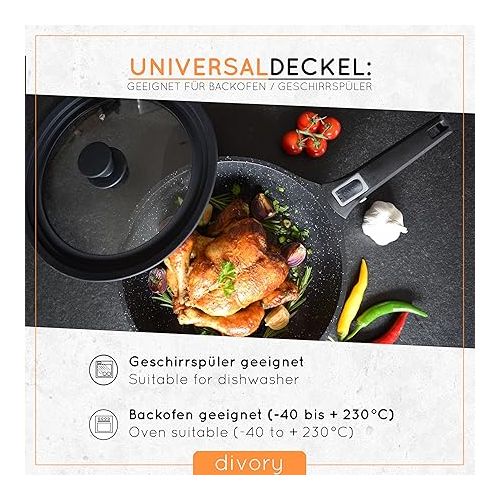  DIVORY Universal Lid Diameter 28, 30 and 32 cm Glass Lid with Graduated Silicone Rim, Lid for Pans and Pots, Pot Lid Heat Resistant, Silicone, Universal Lid
