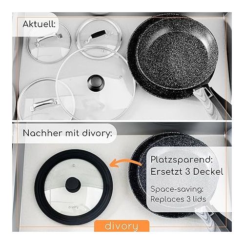  DIVORY Universal Lid Diameter 28, 30 and 32 cm Glass Lid with Graduated Silicone Rim, Lid for Pans and Pots, Pot Lid Heat Resistant, Silicone, Universal Lid