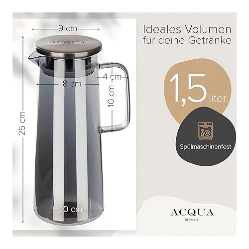  ACQUA DI AMALFI® Glass Carafe with Lid, Water Carafe 1.5 Litres, Glass Jug with Lid, Leak-Proof and High Quality, Carafe Glass Ideal for Lemonade, Water and Tea (Black/Black)