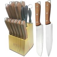 BFYLIN Knife Set, 15-Piece Kitchen Knife Set with Wooden Block, Knife Block Set, Santoku Knife, Chef's Knife, Bread Knife, Paring Knife, Steak Knife, Sharpener (Wooden Handle)