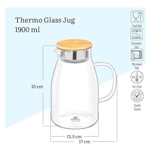  Wilmax Glass Carafe with Bamboo Lid 1900 ml Carafe for Hot or Cold Drinks Water Carafe Made of Borosilicate Glass Suitable for Gas or Electric Stoves Gift Set