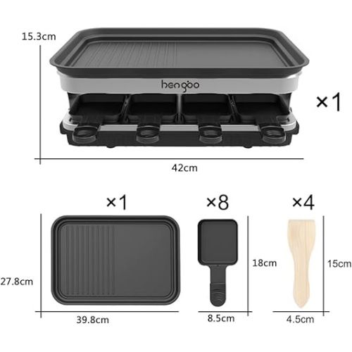  Raclette Grill for 8 People, 8 Mini Raclette Pans for Cooking Cheese and Side Dishes and a Wooden Spatula Raclette Flexible Temperature Control, Large Square Non-Stick Cooking Surface