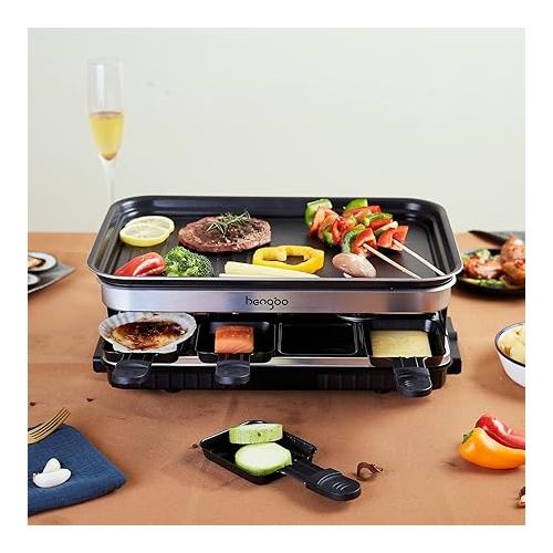  Raclette Grill for 8 People, 8 Mini Raclette Pans for Cooking Cheese and Side Dishes and a Wooden Spatula Raclette Flexible Temperature Control, Large Square Non-Stick Cooking Surface