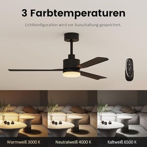  EMKE Deckenventilator mit Beleuchtung Fernbedienung Leise, 3 Farbtemperatur Lampe mit Ventilator 132 cm, Deckenventilator mit Fernbedienung Outdoor Deckenventilator Schwarz