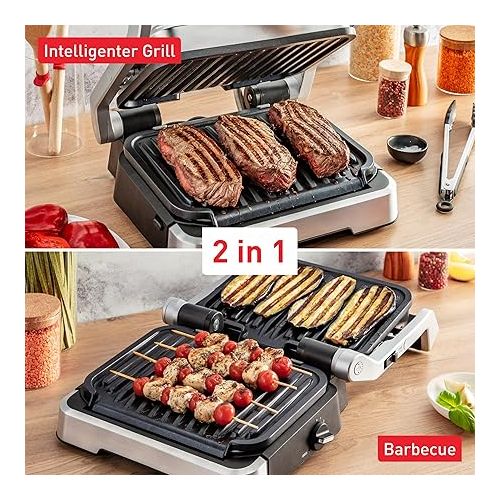  Tefal OptiGrill 2-in-1 Contact Grill, Hinged, Table Grill, 9 Programmes, Cooking Level Display, Barbecue Tongs, Removable Plates, Electric Grill, GC773D10