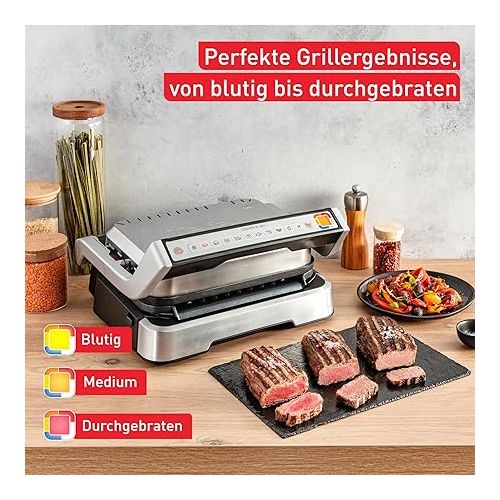  Tefal OptiGrill 2-in-1 Contact Grill, Hinged, Table Grill, 9 Programmes, Cooking Level Display, Barbecue Tongs, Removable Plates, Electric Grill, GC773D10