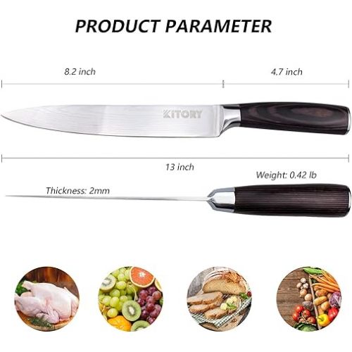  Kitory Chef's Knife, Meat Knife, 20 cm Blade, Utility Knife with Protective Cover, Chef's Knife, German High-Quality Carbon Stainless Steel, Ergonomic Pakkawood Handle with Gift Box