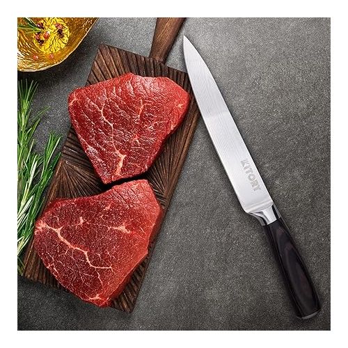  Kitory Chef's Knife, Meat Knife, 20 cm Blade, Utility Knife with Protective Cover, Chef's Knife, German High-Quality Carbon Stainless Steel, Ergonomic Pakkawood Handle with Gift Box