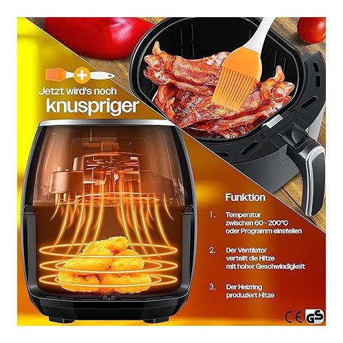  KESSER XXL 5.5-Litre Stainless Steel Hot Air Fryer, Includes Bread Pan, 1700 W, Touch Display, 8 Programs, No Oil Required, Hot Air Oven and Grill, Fat-Free, Black