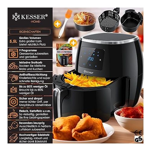  KESSER XXL 5.5-Litre Stainless Steel Hot Air Fryer, Includes Bread Pan, 1700 W, Touch Display, 8 Programs, No Oil Required, Hot Air Oven and Grill, Fat-Free, Black