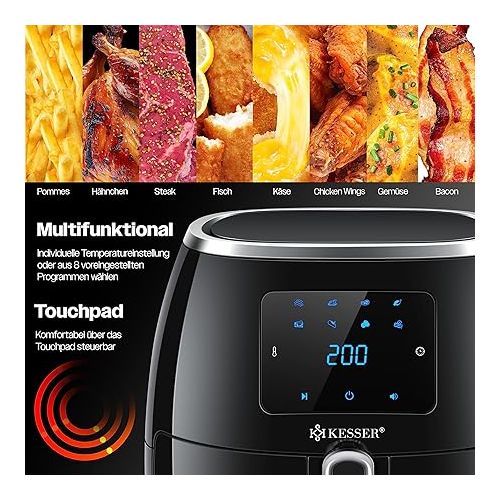  KESSER XXL 5.5-Litre Stainless Steel Hot Air Fryer, Includes Bread Pan, 1700 W, Touch Display, 8 Programs, No Oil Required, Hot Air Oven and Grill, Fat-Free, Black