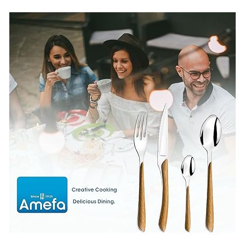  Amefa ECLAT Nature Cutlery Set, 24 Pieces, Cutlery Set for 6 People, Brown Plastic Handles in Wood Look, Dishwasher Safe, Cutlery Made of Stainless Steel, Light Wood