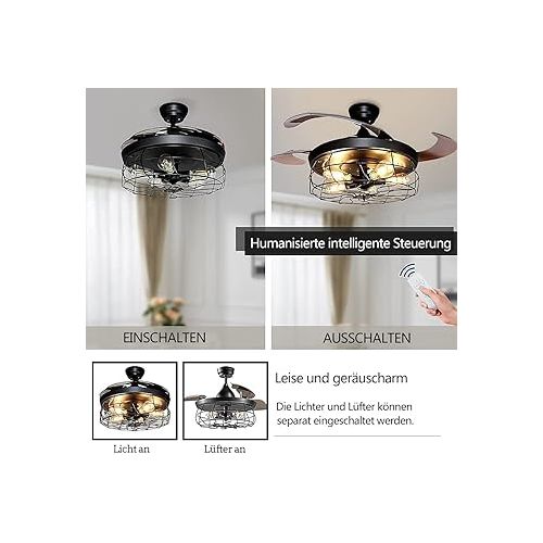  Depuley LED Ceiling Fan with Lighting and Remote Control, Industrial Ceiling Light with Timer, Dimmable, 3 Colour Changes, Adjustable 3 Speeds, Quiet for Living Room (Without Bulb)