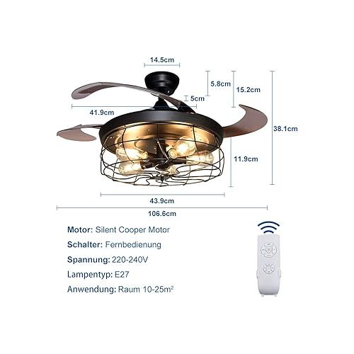  Depuley LED Ceiling Fan with Lighting and Remote Control, Industrial Ceiling Light with Timer, Dimmable, 3 Colour Changes, Adjustable 3 Speeds, Quiet for Living Room (Without Bulb)