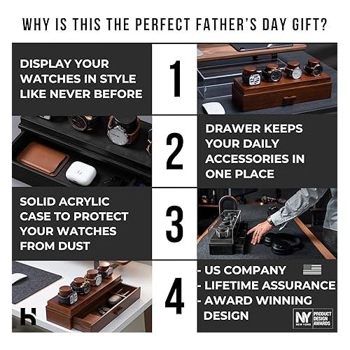  Holme & Hadfield Watch Display Case Watch Stand - Perfect Father's Day Gift - Wooden Men's Watch Box Organiser for Men Watch Boxes - Display and Drawer for Accessories