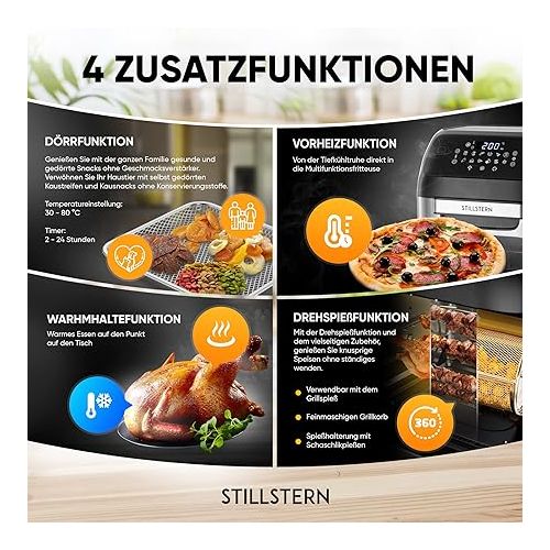  Stillstern Hot Air Fryer 12 L with LED Touch Screen, XXL Recipe Book in German, 12 Programmes, Preheating and Keeping Warm, 1800 W Hot Air Fryer XXL without Oil, Dehydration, Mini Oven Camping Grill