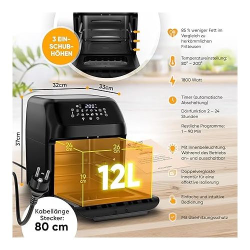  Stillstern Hot Air Fryer 12 L with LED Touch Screen, XXL Recipe Book in German, 12 Programmes, Preheating and Keeping Warm, 1800 W Hot Air Fryer XXL without Oil, Dehydration, Mini Oven Camping Grill