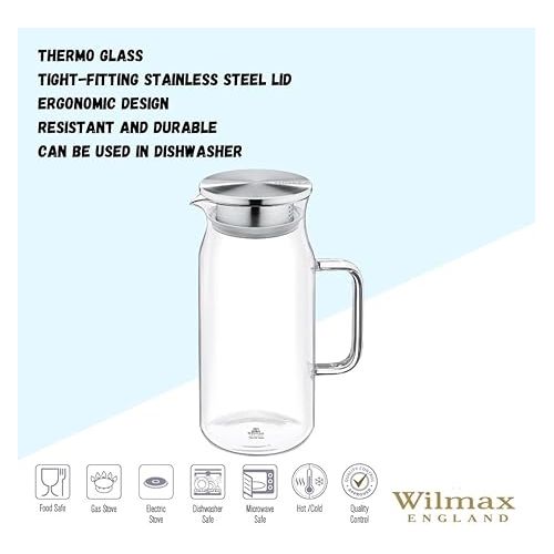  Wilmax Glass Carafe with Lid Carafe for Hot or Cold Drinks Water Carafe Made of Borosilicate Glass Suitable for Gas or Electric Stoves Gift Set 1000 ml