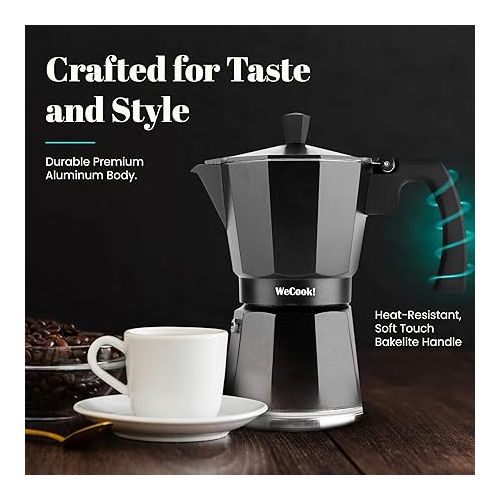  WECOOK! - 9 Cups Italian Espresso Coffee Maker Induction | Stainless Steel for Ceramic Hob, Caffettiera Induction | Aluminium Espresso Machine Small, Safety Valve | Black, Aluminium