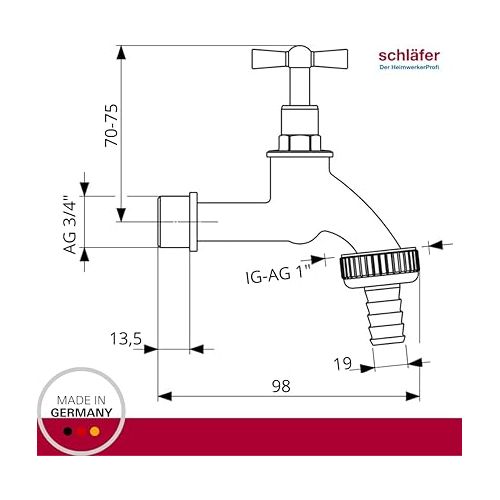  433603 Schlafer, Auslaufventil 3/4 messing, matt verchromt, kugelauslaufhahn - 26,44 mm 3/4 zoll - Inklusive Schlauchanschluss - Ideal als Außenzapfstelle - Zapfhahn fur Regentonnen - Absperrhahn