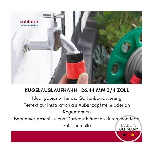  433603 Schlafer, Auslaufventil 3/4 messing, matt verchromt, kugelauslaufhahn - 26,44 mm 3/4 zoll - Inklusive Schlauchanschluss - Ideal als Außenzapfstelle - Zapfhahn fur Regentonnen - Absperrhahn