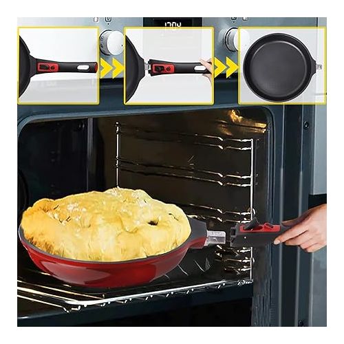  diig Non-Stick Frying Pan 28 cm, Frying Pan with Lid, Cast Aluminium Pan with Removable Handle, Oven-Safe, Anthracite, Chef's Pan for Induction and All Types of Cookers, Jewel Red