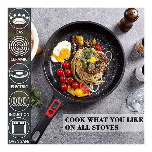  diig Non-Stick Frying Pan 28 cm, Frying Pan with Lid, Cast Aluminium Pan with Removable Handle, Oven-Safe, Anthracite, Chef's Pan for Induction and All Types of Cookers, Jewel Red