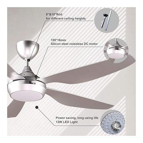  reiga Smart Ceiling Fan with Dimmable LED Lighting and Remote Control, 137 cm, 3 Colour Temperatures & 6 Wind Speeds, Timer & DC Motor, Compatible with Smart Life App, Silver